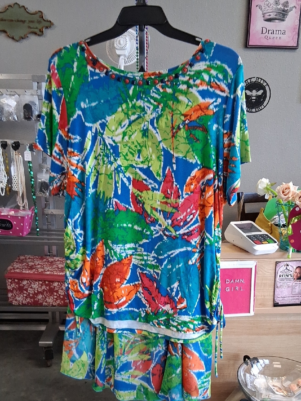Ruby Rd. Blue Tropical Leaf Skirt Set with Green and Orange Accents